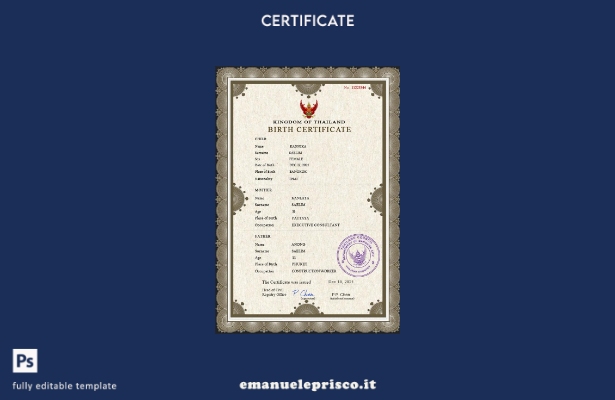 modello PSD del certificato di nascita del certificato di stato civile della Tai